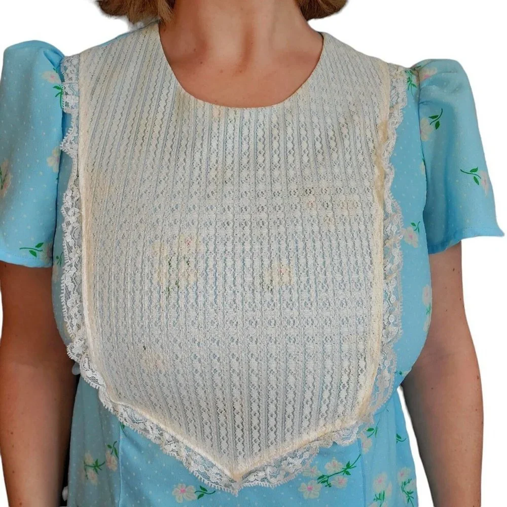 VTG Prairie Maxi‎ Dress Floral Flocked Blue Lace Puff Sleeve 1970s Coquette Sz L
